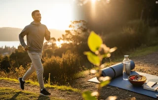 Person holding a water bottle while walking outdoors during winter, symbolizing wellness after Dry January
