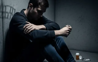 Person sitting with head in hands reflecting mental health struggles tied to OCD and addiction