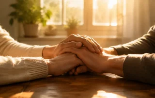 Two pairs of hands clasped together on a wooden table in warm window light