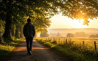 Person walking down a tree-lined country path toward a golden sunrise on the open horizon in morning light