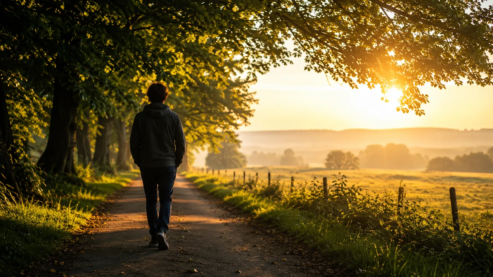 Person walking down a tree-lined country path toward a golden sunrise on the open horizon in morning light