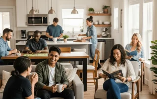 People in a sober living home sharing a meal and supporting one another during recovery