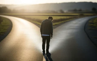 Person sitting alone with overlapping decision arrows representing confusion during addiction recovery