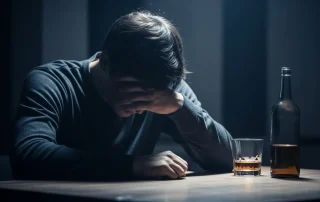 A person sitting alone at a bar with a drink, symbolizing emotional escapism through alcohol.
