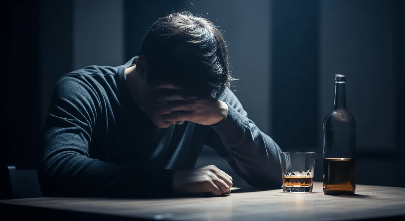 Emotional Toll of Alcohol Escapism A person sitting alone at a bar with a drink, symbolizing emotional escapism through alcohol.