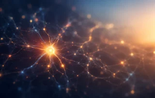 Glowing interconnected neural pathways with a bright central node against a dark blue and amber background