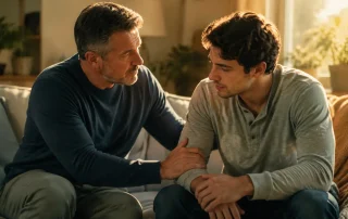 An older man rests a caring hand on a younger man's arm during a serious, warm conversation on a sunlit couch