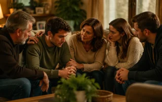 Family members sit close together in a warm living room, leaning in with concern and clasped hands during a serious talk