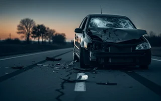 Wrecked car with caution tape symbolizing drug-related traffic accident