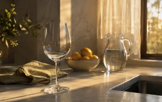Empty stemmed wine glass on a sunlit kitchen counter beside a bowl of lemons and a pitcher of water