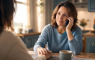 A woman in a blue sweater makes a phone call at a sunlit kitchen table while holding a loved one's hand in reassurance