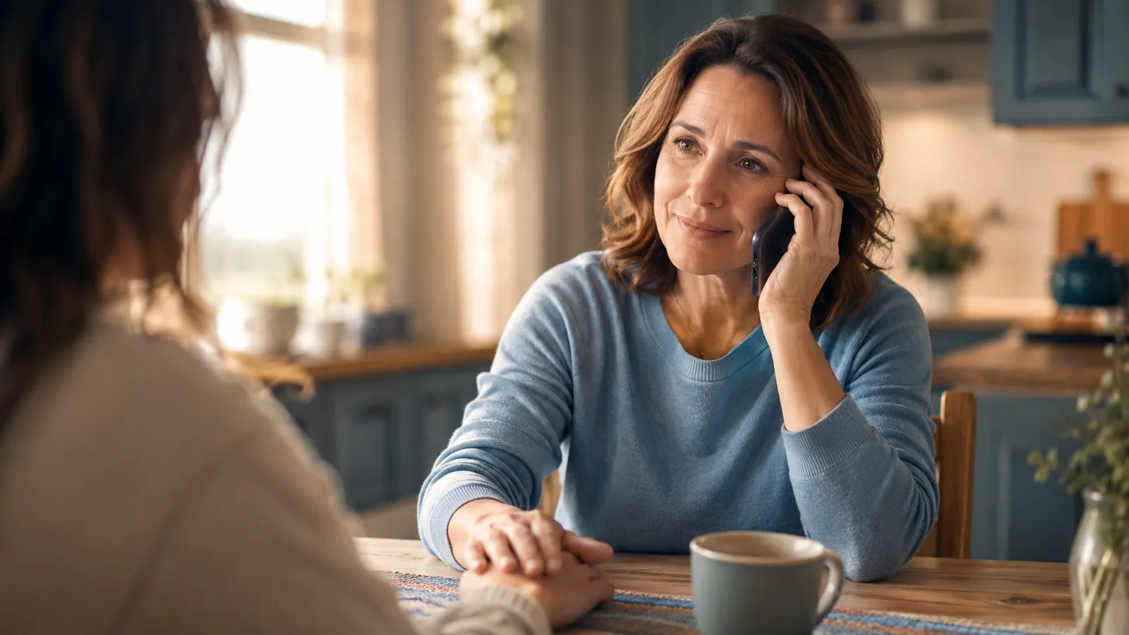 Immediate Steps: How to Quickly Get Someone Into Rehab A woman in a blue sweater makes a phone call at a sunlit kitchen table while holding a loved one's hand in reassurance