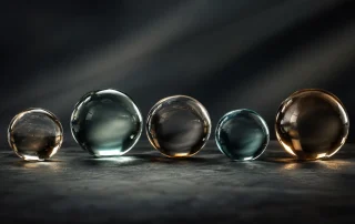Five smooth glass spheres of varying sizes and tints arranged in a row on a dark matte surface in soft directional light