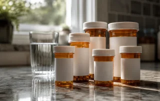 Several plain amber prescription bottles with blank labels clustered on a kitchen counter beside a glass of water