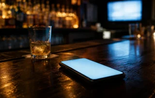 Phone lying face up with a blank glowing screen on an empty bar counter at night beside a half-finished drink