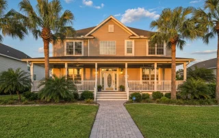 Warm exterior of a Florida two-story home with palm trees and a wraparound porch at golden hour