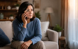 Concerned middle-aged parent sitting on a sofa making a phone call in a warm living room