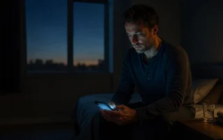 A man sits on the edge of a bed before dawn, face lit by the blue glow of a phone, a warm lamp beside him