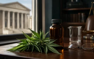 Fresh hemp leaves and an unlabeled amber bottle on a desk, with a courthouse and brass scales behind
