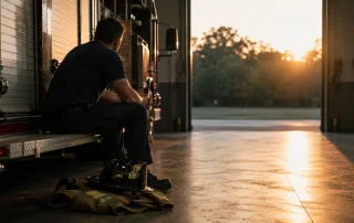 Firefighter sitting alone on the back step of an engine at sunrise, turnout coat and helmet on the bay floor beside him