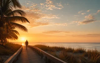 A person walking alone at sunrise along a wooden boardwalk through coastal dune grass toward the ocean in South Florida