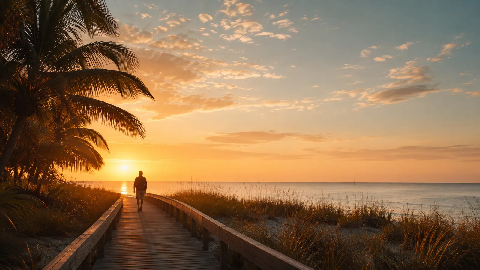 A person walking alone at sunrise along a wooden boardwalk through coastal dune grass toward the ocean in South Florida
