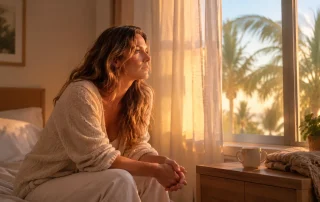 Woman sitting on the edge of a bed at sunrise, looking out a window toward palm trees, hands clasped, mug nearby