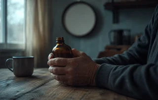 Weathered hands holding a small unlabeled amber bottle at a wooden kitchen table in dim early morning light