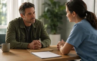 A man in an olive jacket sits at a wooden table in quiet conversation with a clinician in blue scrubs