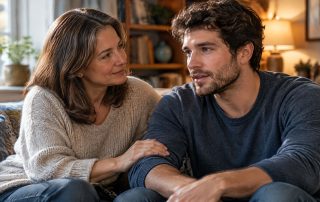 A mother rests her hand on her adult son's arm as they talk quietly on a living room couch